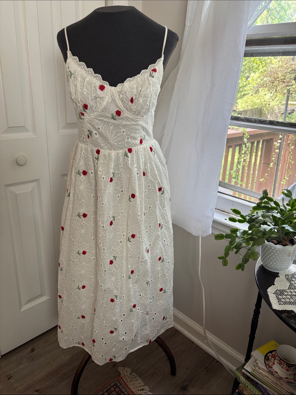 Anna Grace White Eyelet Midi Dress with Red Floral Embroidery
